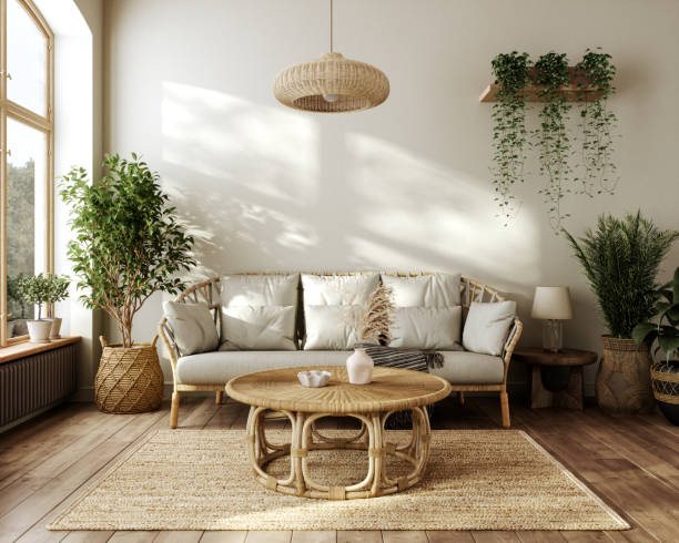 A warm, plant-filled living room with natural textures and soft light